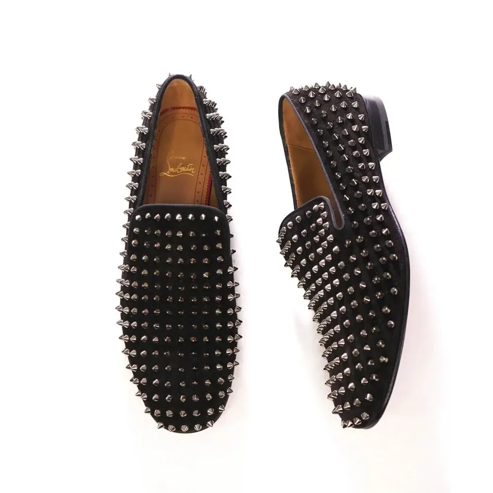 $1,395 LOUBOUTIN - Black Suede Dandelion Spikes Loafers - US 11.5 (44.5EU)